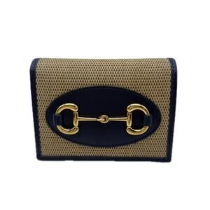 GUCCI Horsebit card case Wallet bill compartments bi fold beige Navy Blue